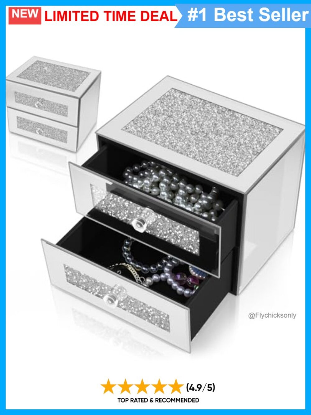 Mirrored Glass Jewelry Box 2 Layer Diamond Decor Jewelry Organizer